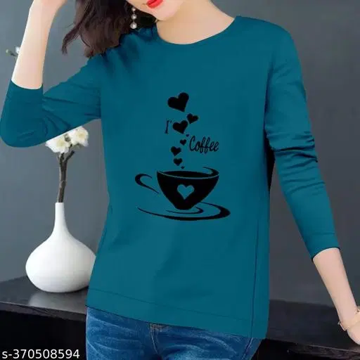 Cotton Printed Sweatshirt for Women (Teal, M)