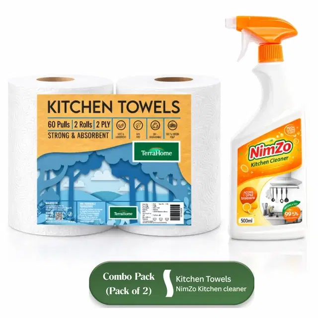 NimZo Kitchen Cleaner 500 ml and TerraHome 2 Ply Kitchen Towel Roll [2X60 Pulls] [Pack of 2]