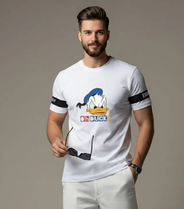 Polyester Printed T-shirt for Men, White (XL)