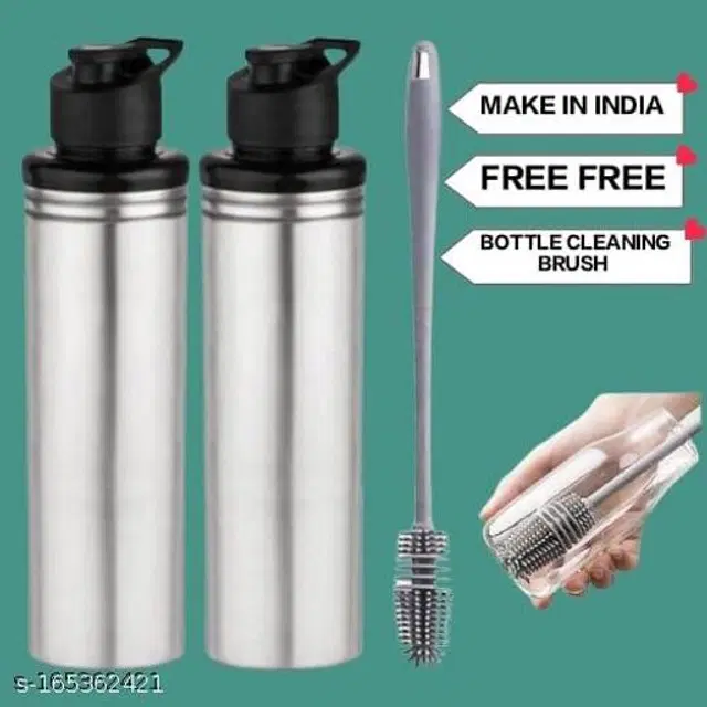 Stainless Steel 2 Pcs Water Bottle, 1000 ml with Cleaning Brush, Silver, Set of 3