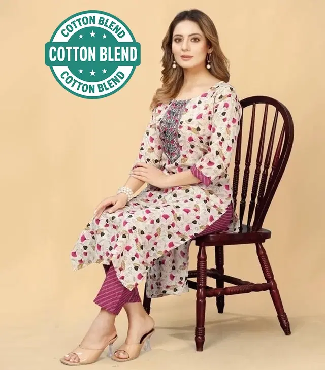 Cotton Printed Women's Kurta with Pant Set, Multicolor (L)