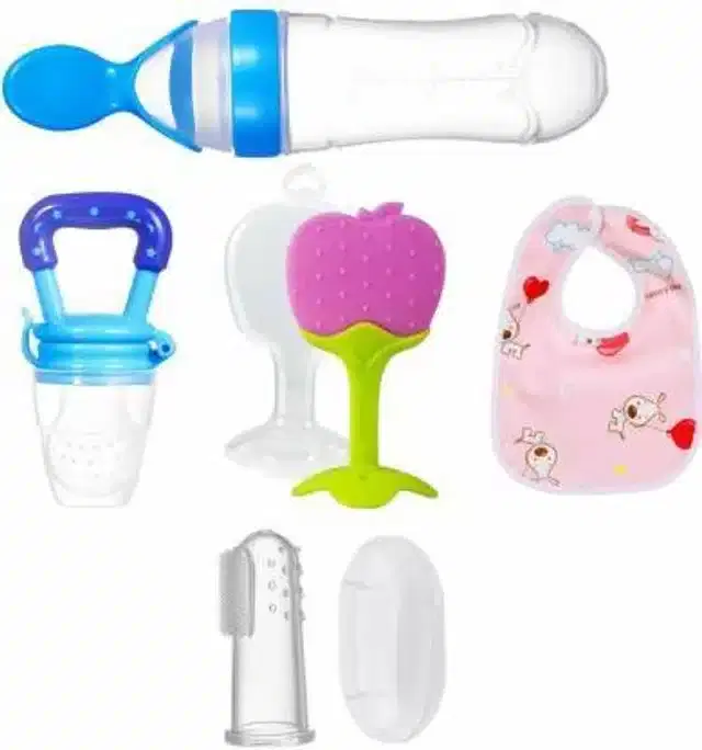 Silicone Food & Fruit Feeder, Teether, Finger Brush & Bid for Kids, Multicolor, Set of 5
