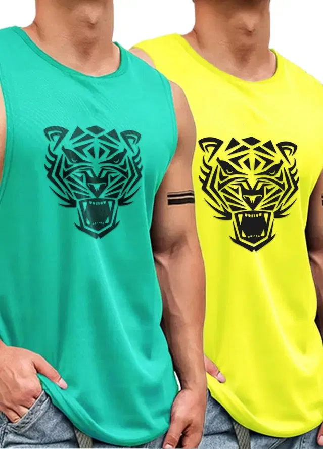 Polyester Printed Vest for Men, Pack of 2 (Green & Yellow, S)