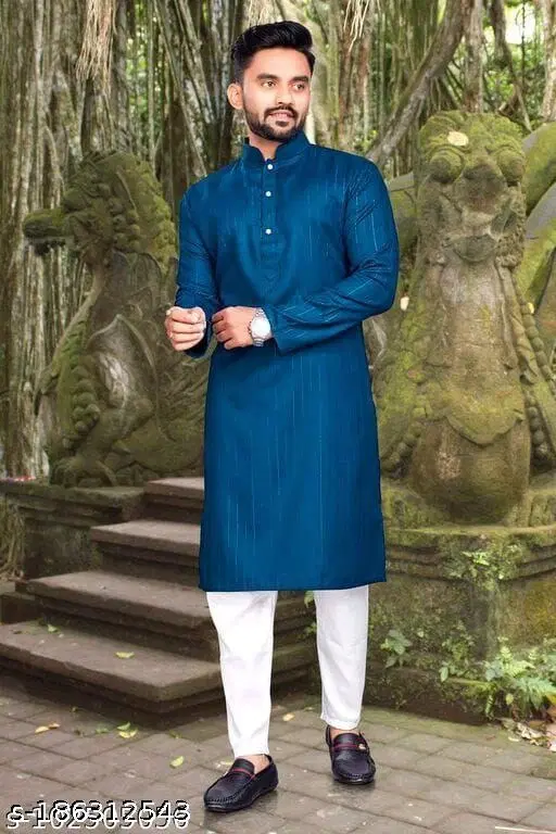Mandarin Neck Kurta for Men (Blue, L)