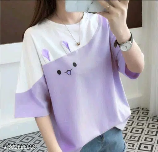 Polycotton Printed T-Shirt for Women, Lavender (XXL)