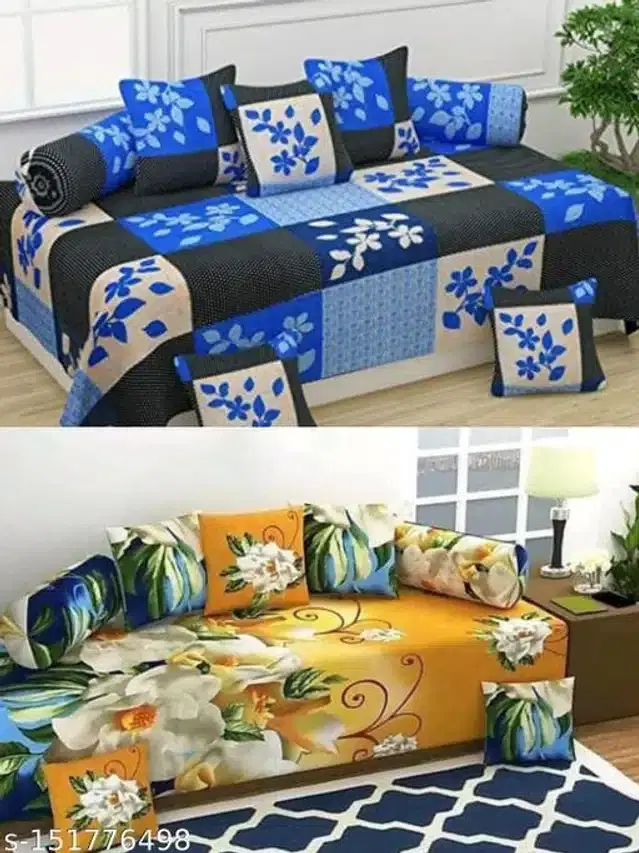 Polycotton Diwan Cover Set, Multicolor, Combo of 2