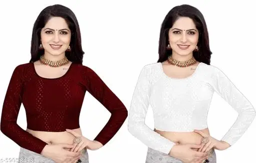 Lycra Ready Made Blouse for Women, Maroon & White, Pack of 2 (26)