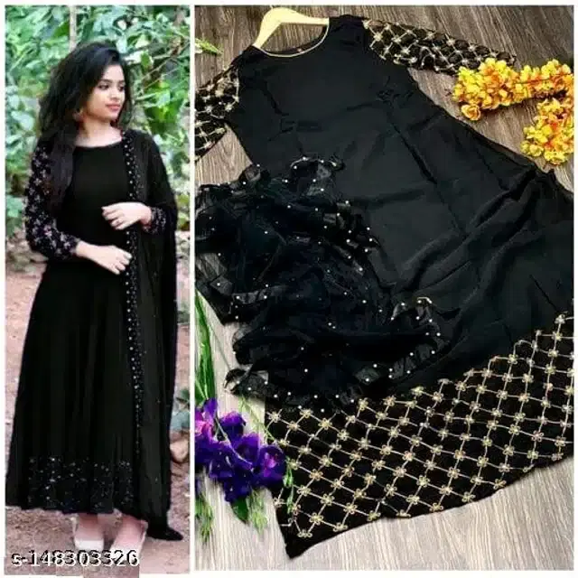 Women's Solid Anarkali Gown (Black, M)