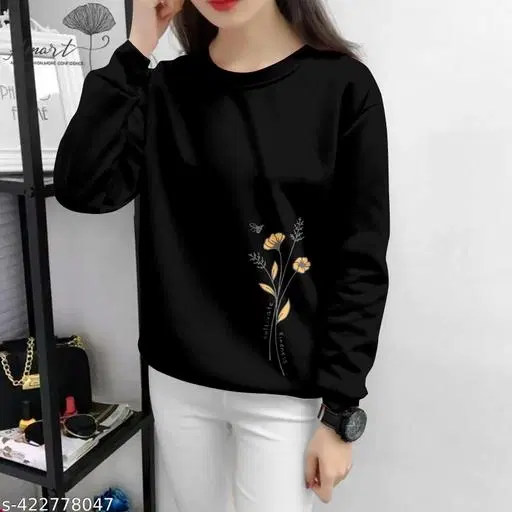 Cotton Blend Printed Sweatshirt for Women (Black, M)