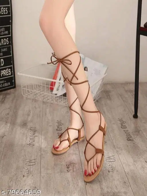 Solid Synthetic Open Toe Gladiators for Women (Brown, IND-3)