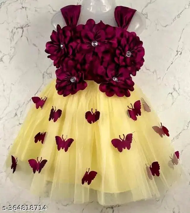 Net Frock for Girls (Maroon & Yellow, 3-6 Months)