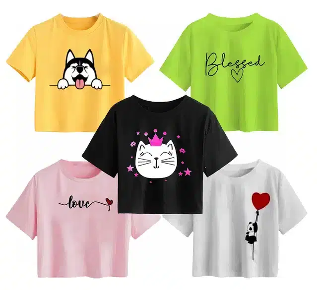 Cotton Printed Crop Tops for Girls, Pack of 5 (Multicolor, 10-11 Years)