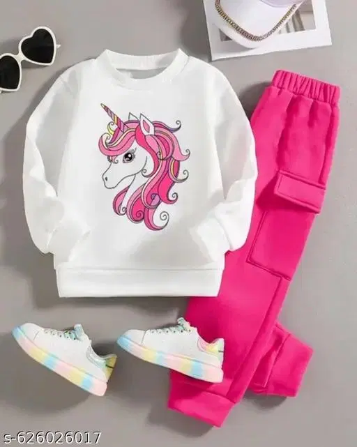 Cotton Printed Clothing Set for Girls, White & Dark Pink (6-12 Months)