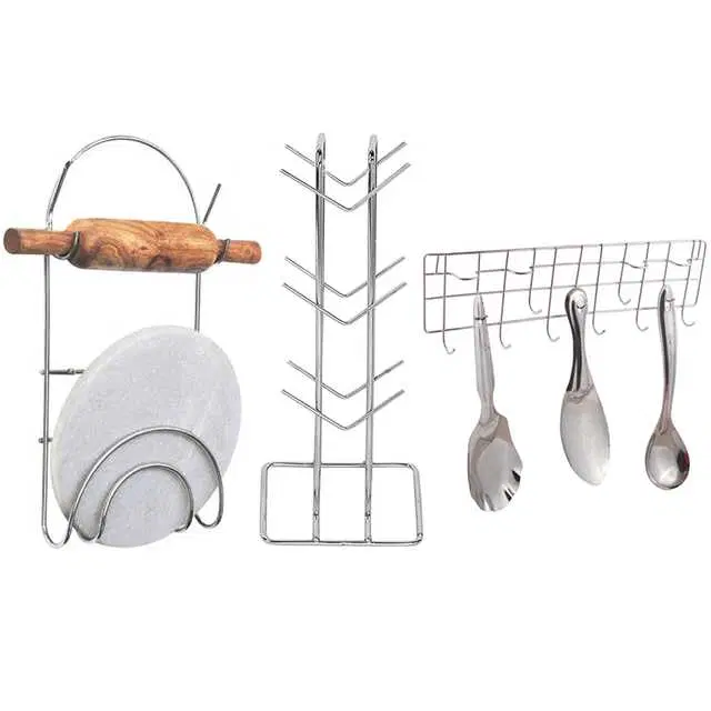 Stainless Steel Cup Stand & Chakla Belan Stand & Hook Rail For Kitchen, Set of 3, OC-013