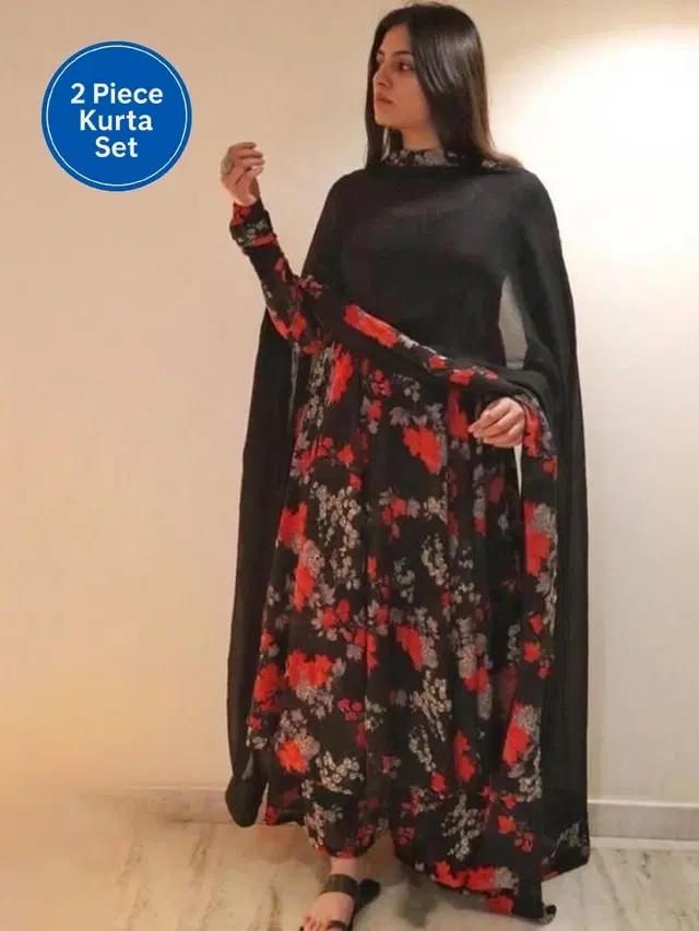 Georgette Printed Anarkali Women's Kurta with Pant & Dupatta Set, Multicolor (M)