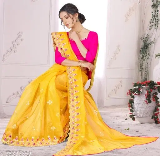 Embroidered Cotton Blend Ethnic Motif Bangalori Silk Sewing & Embroidery (Yellow, Free Size)