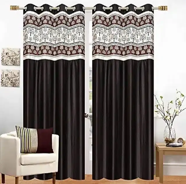 Polyester Patch Worked Window & Door Curtains, Pack of 2, Brown, 5 feet