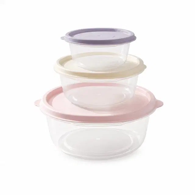 Storage Container Set - 3 Pcs Refrigerator Crisper Box with Airtight Lids, Leak Proof, Easy to Clean, Round Food Grade for Vegetable & Fruit (Pink,Beige,Purple)