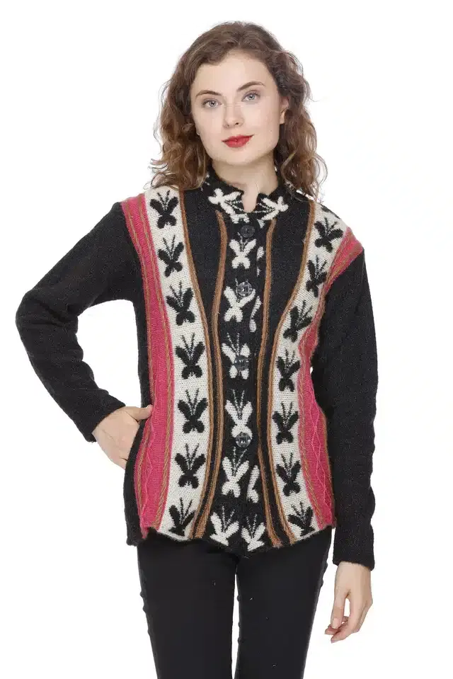 Woolen Jacquard Cardigan for Women (Black, Free Size)