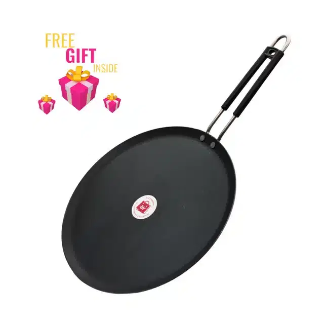 LAZYwindow Induction Based Flat Iron Tawa with insulated Handle & Free Gift, Black, Pack of 2