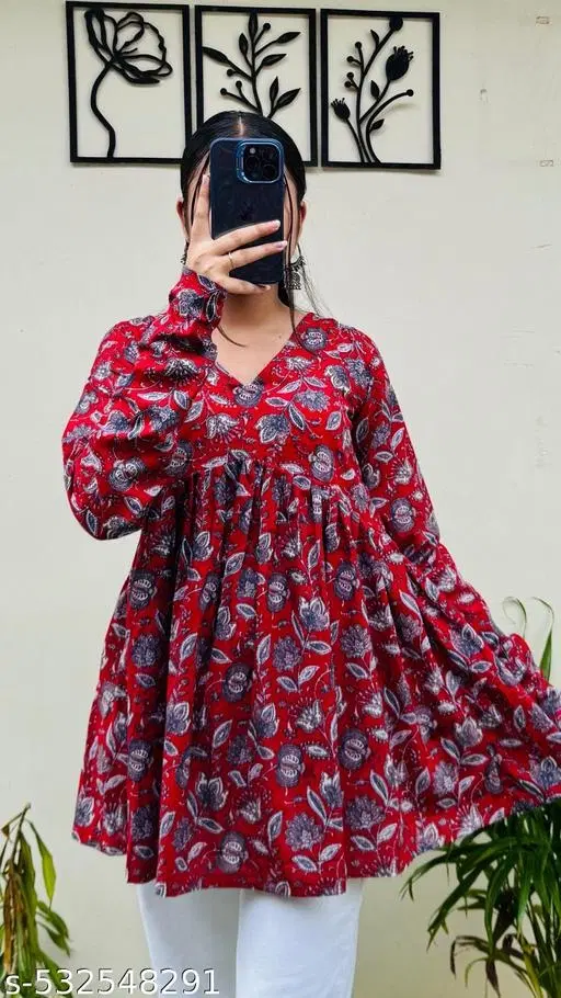 Floral Printed A-Line Flared Cotton Top for Women (Maroon, M)