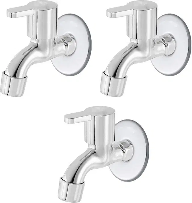 Stainless Steel Short Body Bib Cock Tap with Wall Flange, Silver, Set of 3