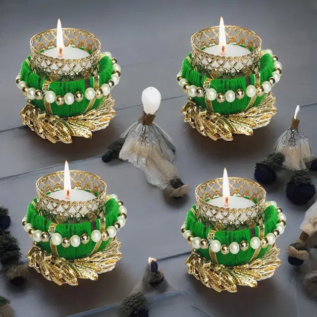 Metal Designer Tealight Candle Holder, Green, 6.5x6.5x4.5 cm, Pack of 4