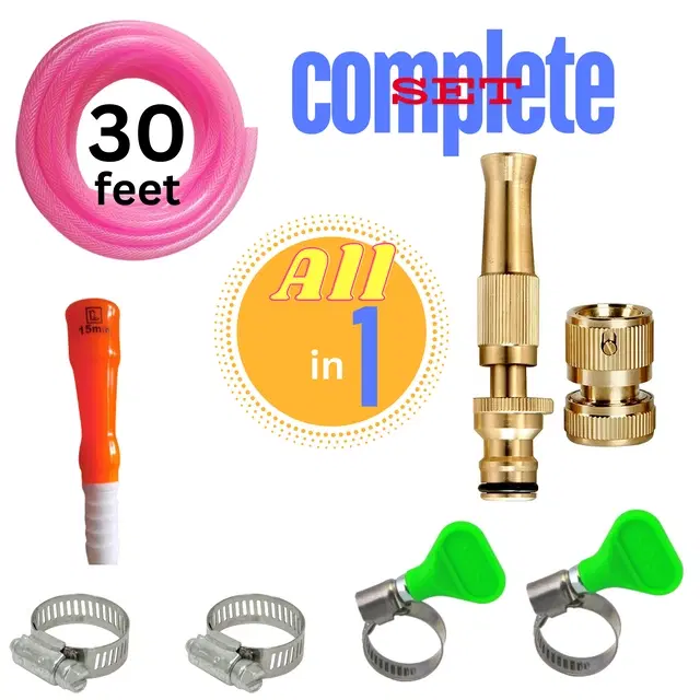 Hose Nozzle with 30 Feet Pipe & Fitting Kit, Multicolor, Set of 1