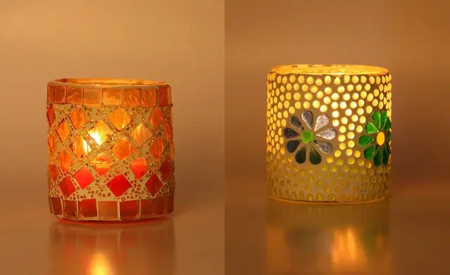 Glass Decorative Tea Light Holders, Multicolor, Pack of 2