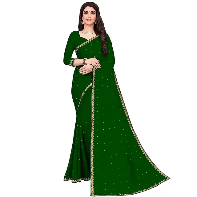 Lycra Beaded Saree for Women, Green