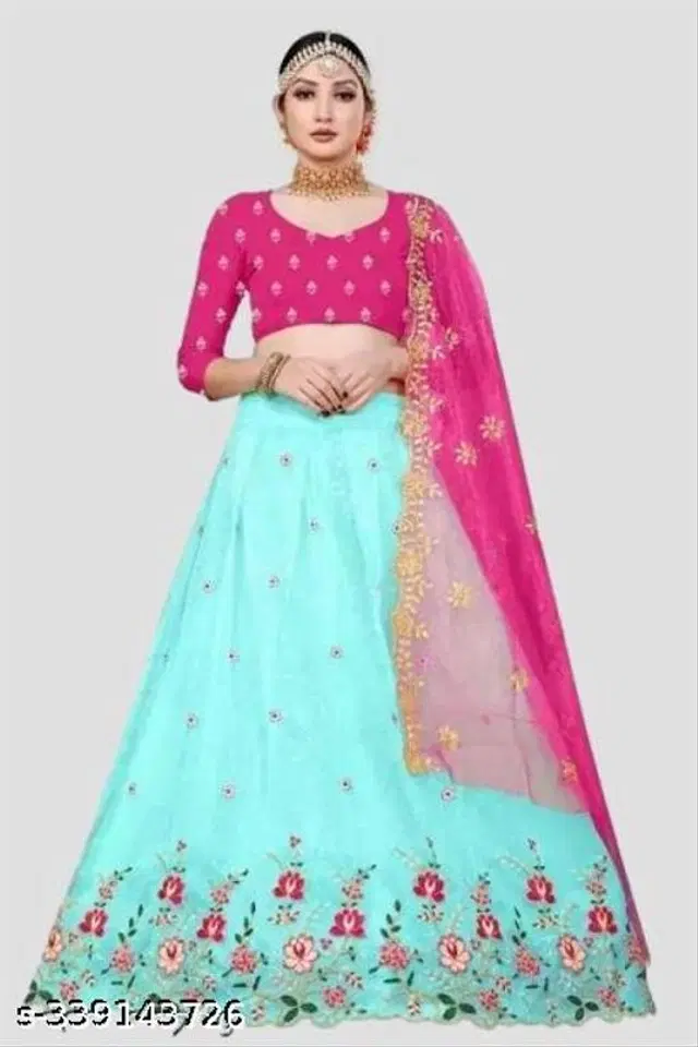 Net Lehenga with Choli & Dupatta for Women (Sky Blue & Pink, Free Size)