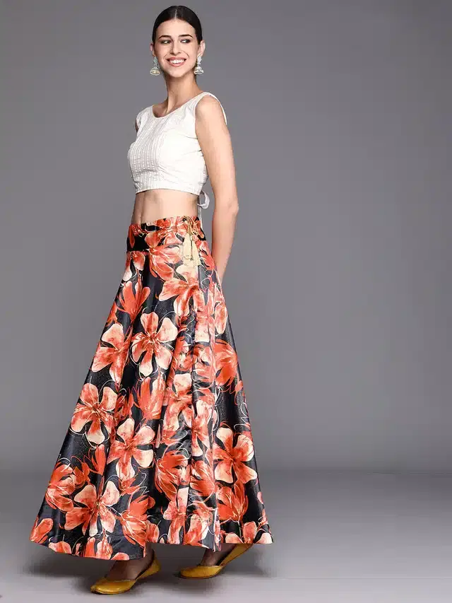 Digital Printed Unstitched Lehenga Choli for Women (Orange)