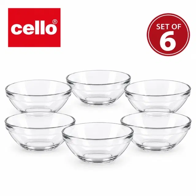 Cello Zenith Glass Bowl, 300 ml | Set Of 6 | Lead-Free Toughened Glass | Microwave & Dishwasher Safe | Serving Bowl For Soup, Dessert, Salad & Snacks