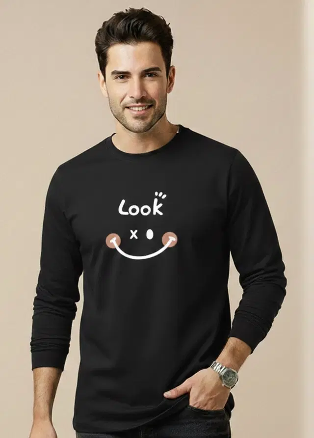 Polyester Printed T-shirt for Men, Black (XL)