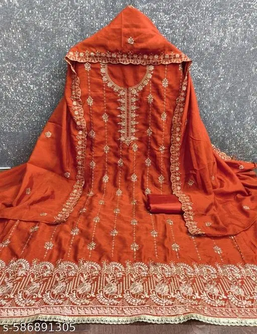 Vichitra Silk Punjabi/All Over Suits Semi-Stitched Suits (Orange, 6.85 meter for Women (3XL)