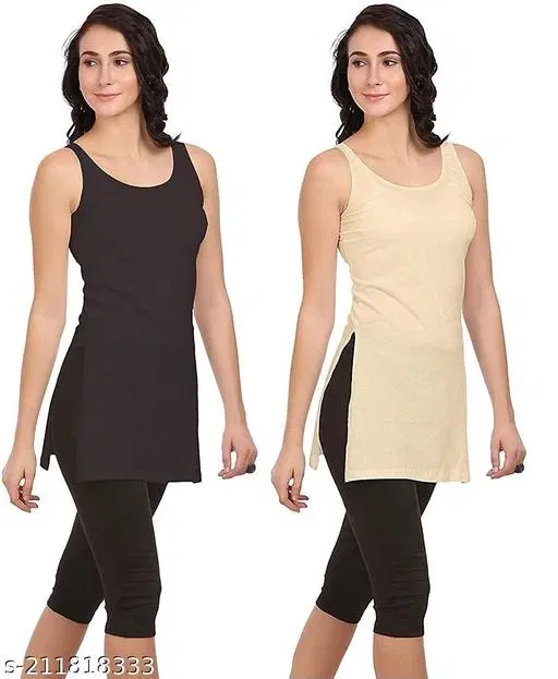 Modal Solid Camisoles for Women, Black & Beige, Pack of 2 (M)