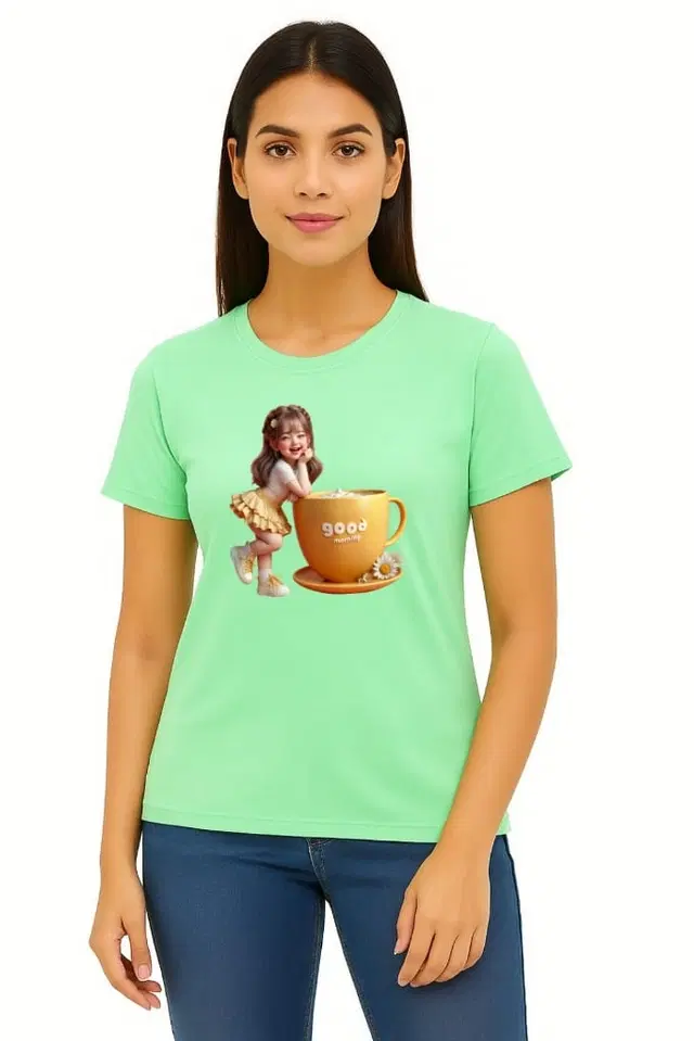Cotton Blend Printed T-shirt for Women, Green (L)