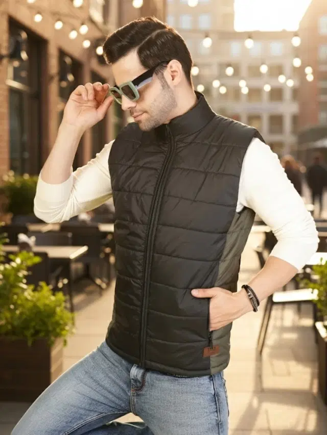 Polyester Solid Jacket For Men, Black & Olive Green (M)