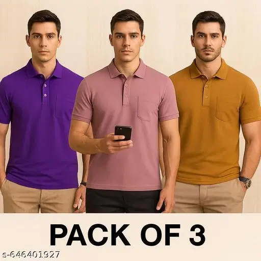 Cotton Blend Solid T-shirt for men, Multicolour (L) Pack of 3