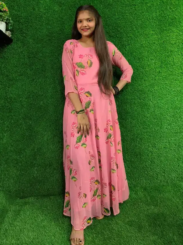 Three Quarter Sleeves Gown for Women (Pink, XL)