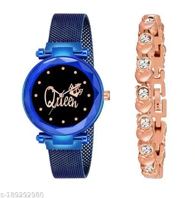 Analog Watch with Bracelet for Women, Set of 2 (Rose Gold & Blue)