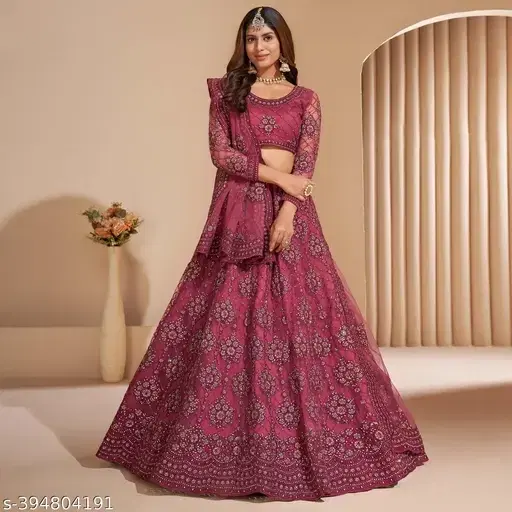 Net Embroidered Semi Stitched Lehenga Choli with Dupatta for Women, Pink