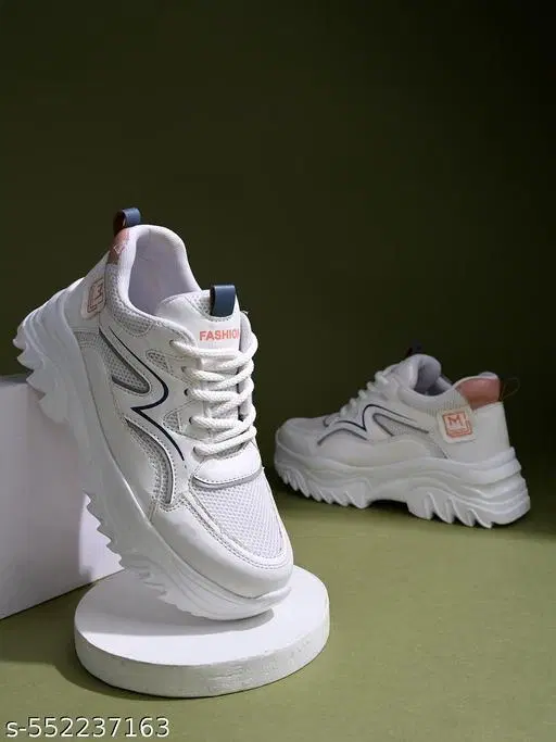 Shoetopia Solid Mesh Sneakers for Girls (White, 12-13 Years)