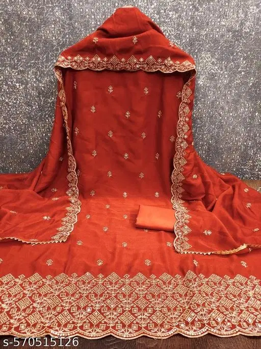 Embroidered Rajputi Suit (Orange, 7.05 meter (4XL)) (Orange, 6.25 meter (L)
