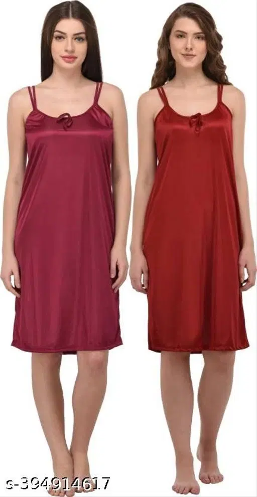 Satin Solid Nightdress for Women, Maroon & Dark Pink, Pack of 2 (S)
