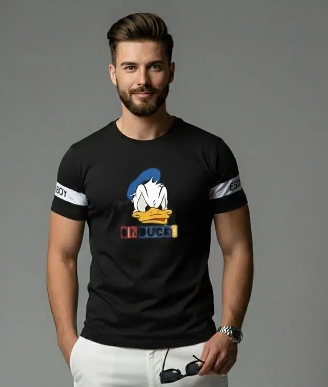 Polyester Printed T-shirt for Men, Black (M)