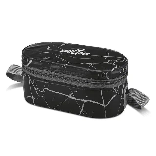 Milton Executive Lunch Box with Steel Cutlery, 2 Inner Steel Round Containers 280ml Each & 1 Microwave Safe Oval Plastic Container 450ml, Insulated Bag, Leakproof Office Tiffin, Easy to Carry, Black