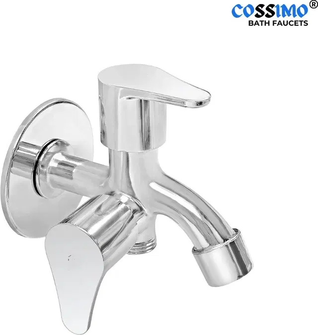 Stainless Steel 2-in-1 Bib Cock Taps Faucet with Wall Flange, Silver, Set of 1