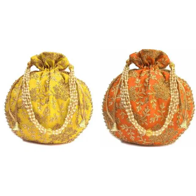 Cotton Silk Ethnic & Traditional Handheld Potli for Women, Yellow & Orange, Pack of 2, A-09