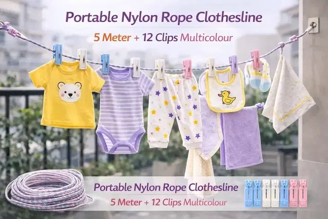 Portable Nylon Rope Clothesline 5 Meter + 12 Clips Multicolour